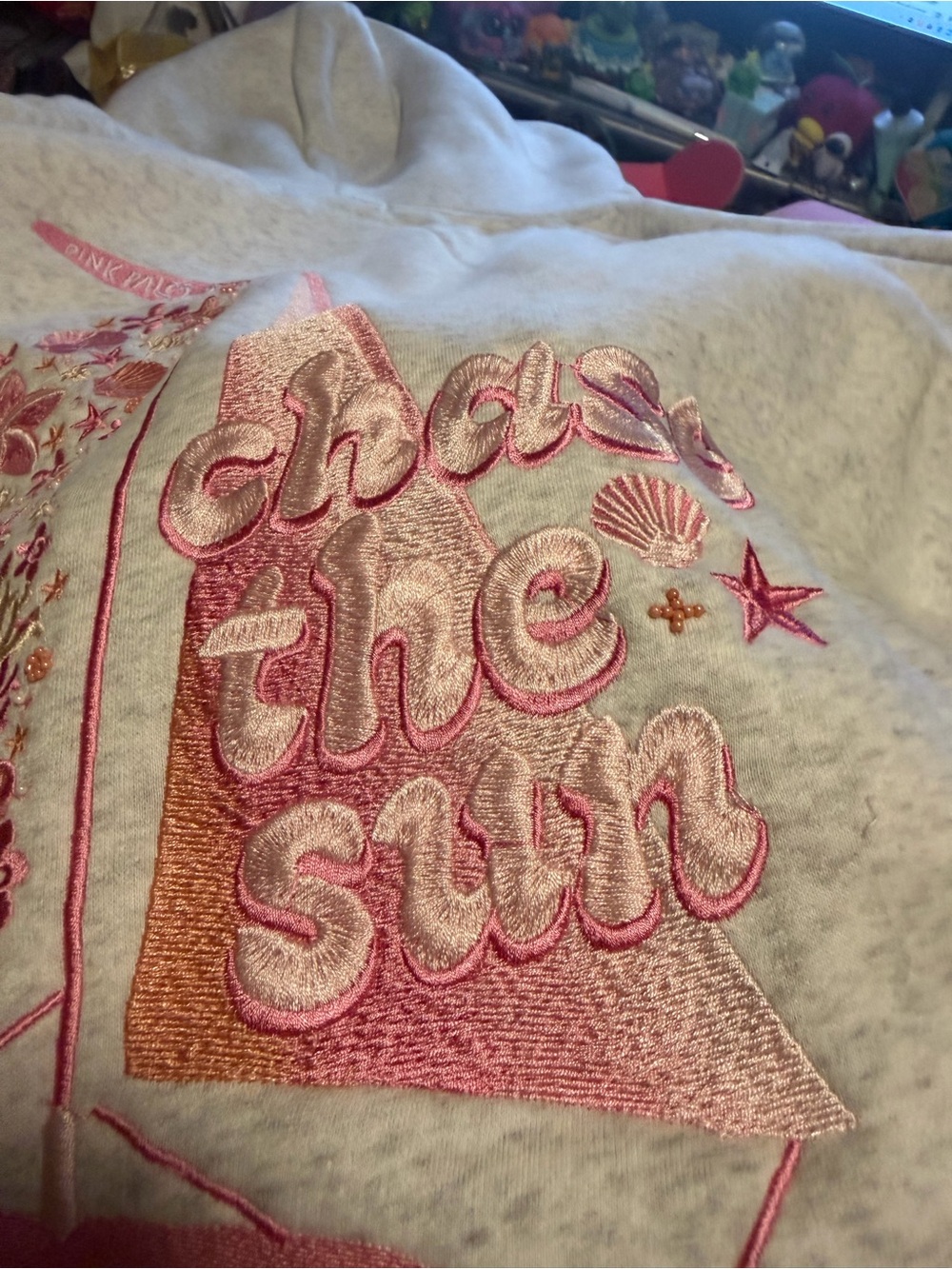 Pink Palm Puff Hoodie - Bold Coral Print - Picture 9 of 12